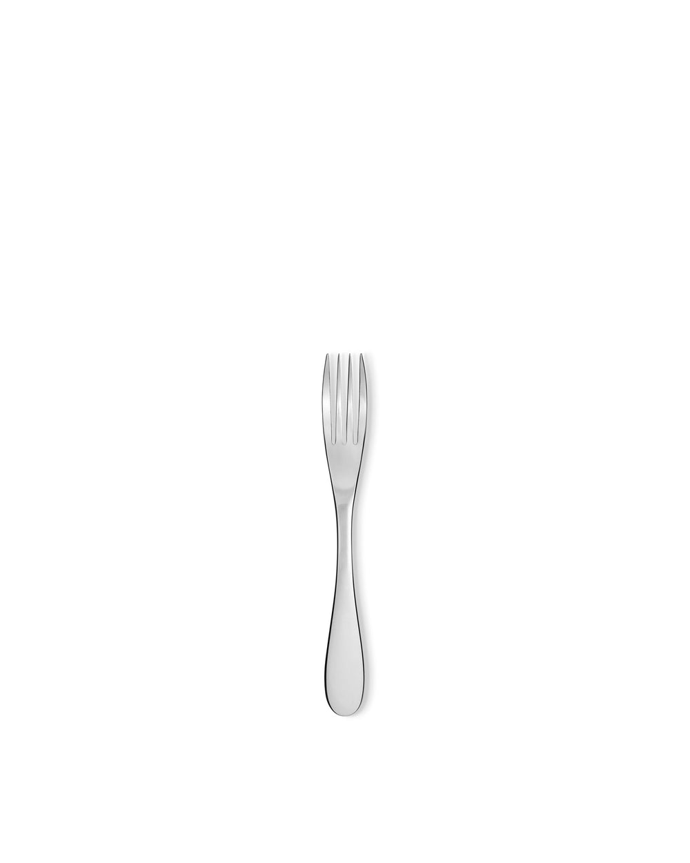 Silver metal fork by Alessi with four prongs and a smooth, polished handle, centered on a white background.