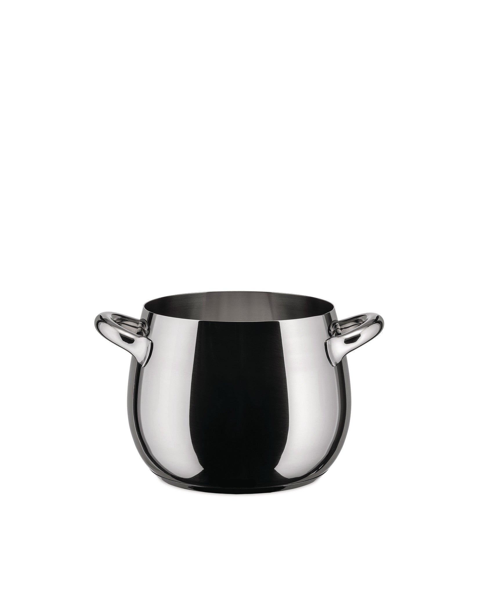 Polished stainless steel pot by Alessi, featuring two elegant curved handles and a rounded base.