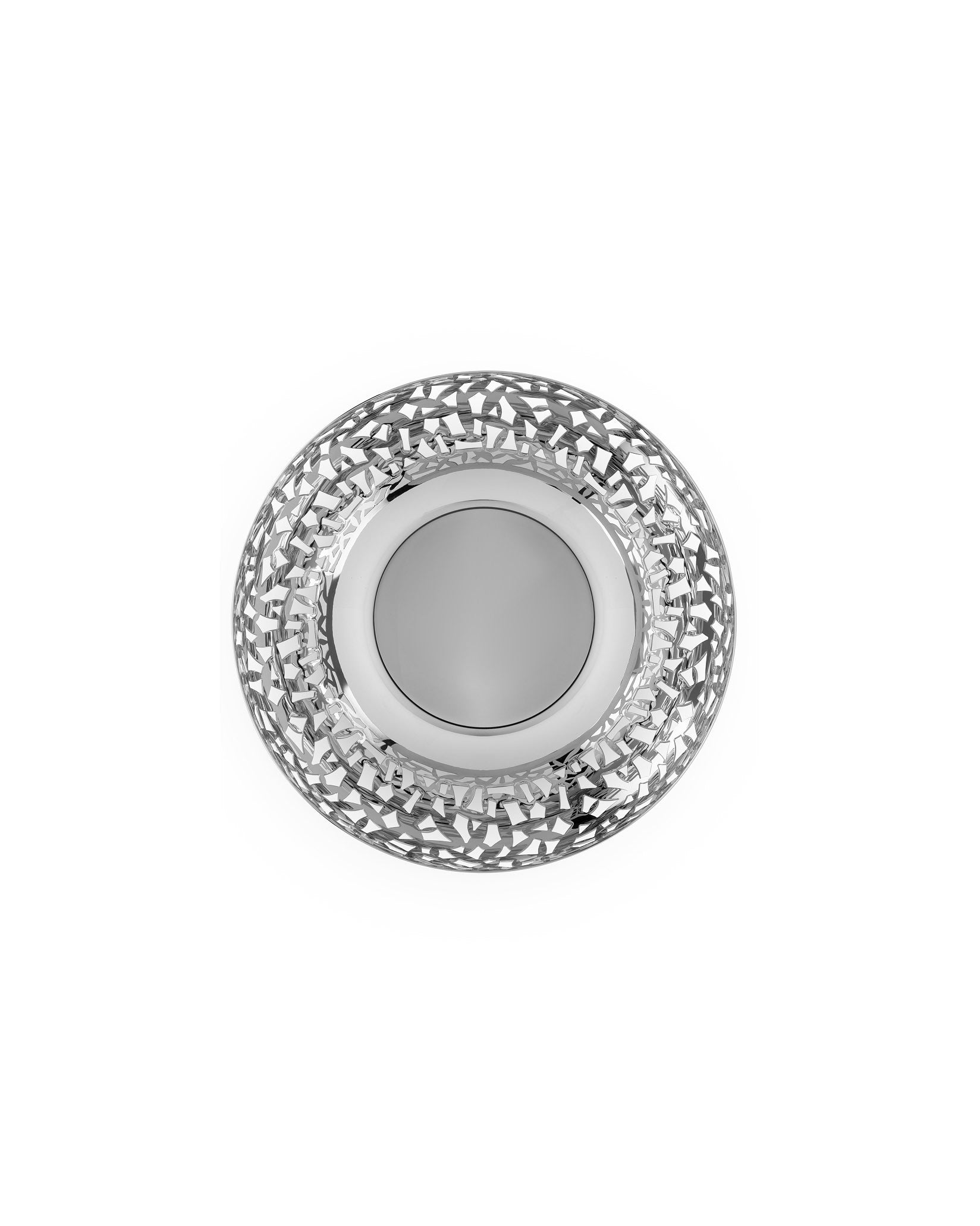 Silver metallic decorative bowl by Alessi with an intricate geometric cut-out pattern, viewed from above.