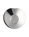 Round polished silver metal plate by Alessi, highly reflective with a central circle and a gently curved top edge.