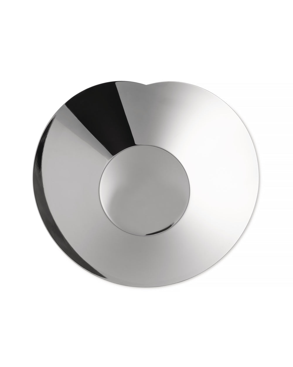 Round polished silver metal plate by Alessi, highly reflective with a central circle and a gently curved top edge.