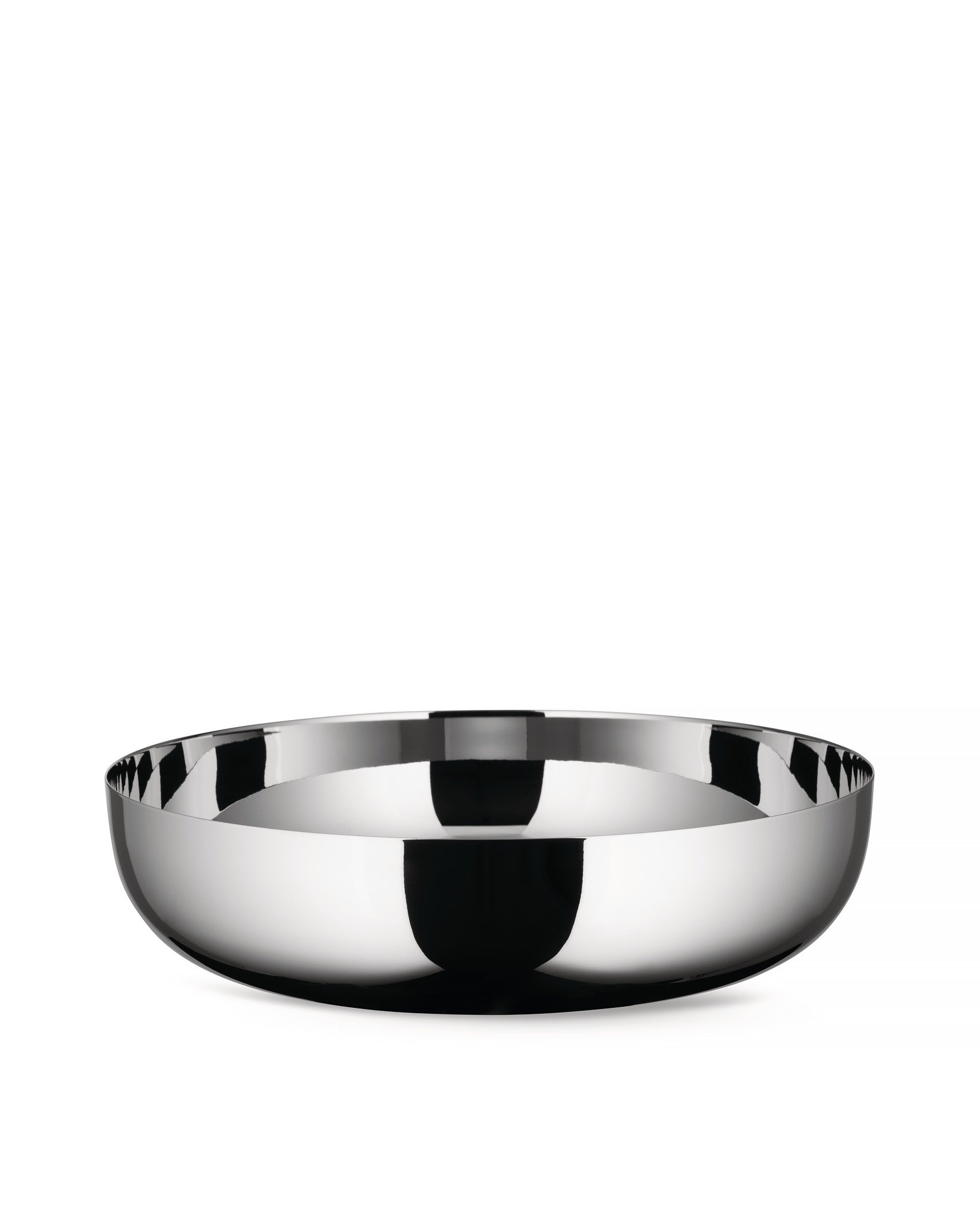 Polished stainless steel bowl by Alessi, wide and shallow with a highly reflective surface.