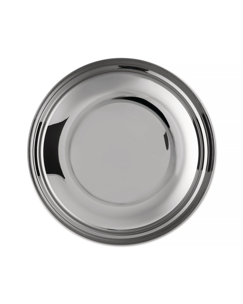 Round polished stainless steel serving platter by Alessi with a raised rim and reflective surface.