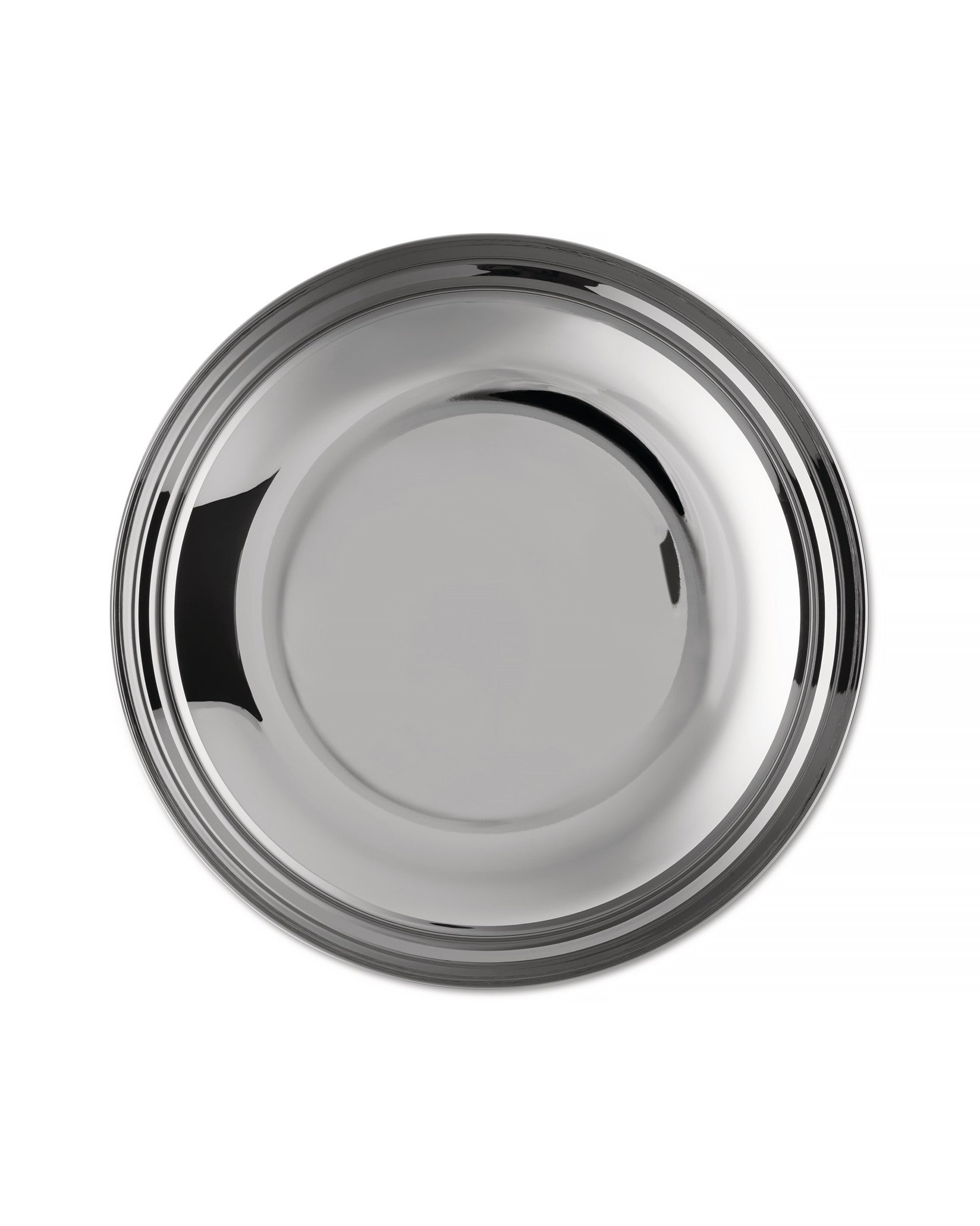 Round polished stainless steel serving platter by Alessi with a raised rim and reflective surface.