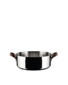A shallow, round stainless steel pot by Alessi with short brown handles on a white background.