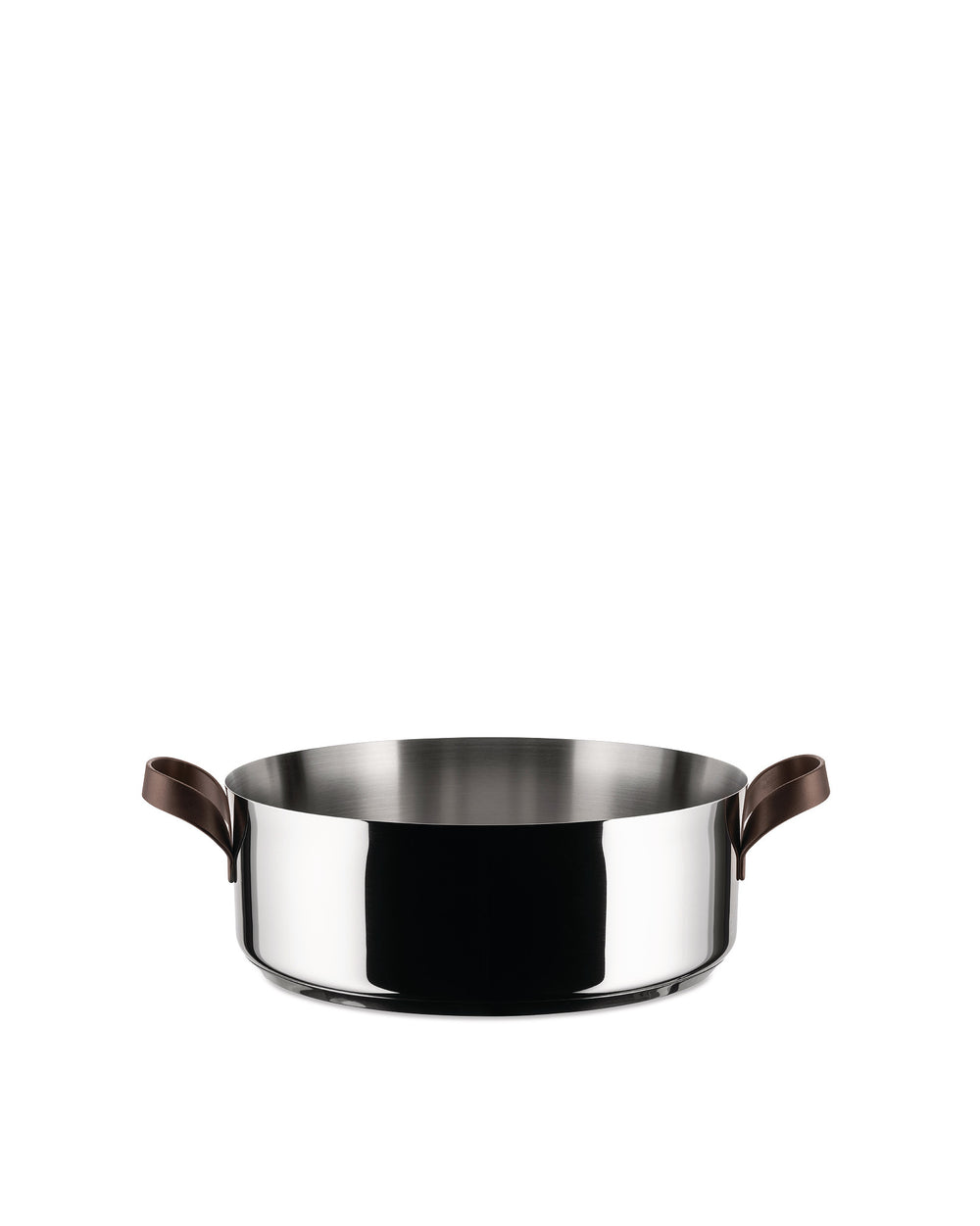 A shallow, round stainless steel pot by Alessi with short brown handles on a white background.