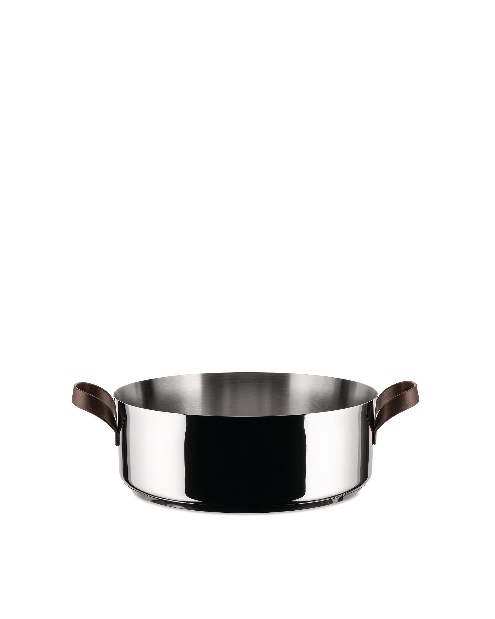 A shallow, round stainless steel pot by Alessi with short brown handles on a white background.