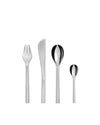 Sleek silver cutlery set by Alessi, featuring a fork, knife, and two spoons standing upright.