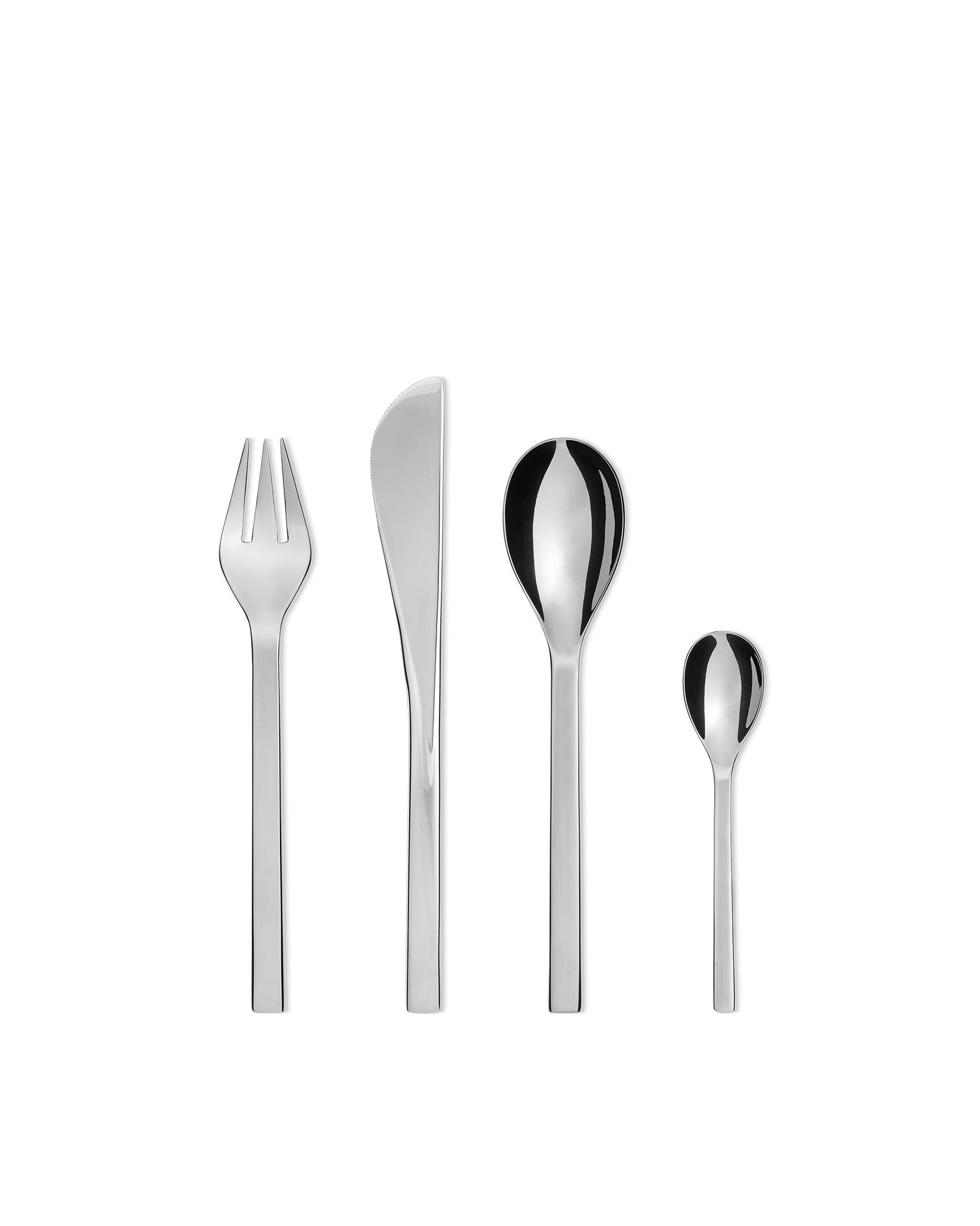 Sleek silver cutlery set by Alessi, featuring a fork, knife, and two spoons standing upright.