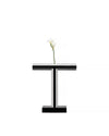 Chrome T-shaped vase by Alessi with a black rectangular base, holding a single white flower.