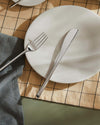 Stainless steel fork and knife by Alessi, sleek and modern, on a beige plaid placemat with a blue napkin.