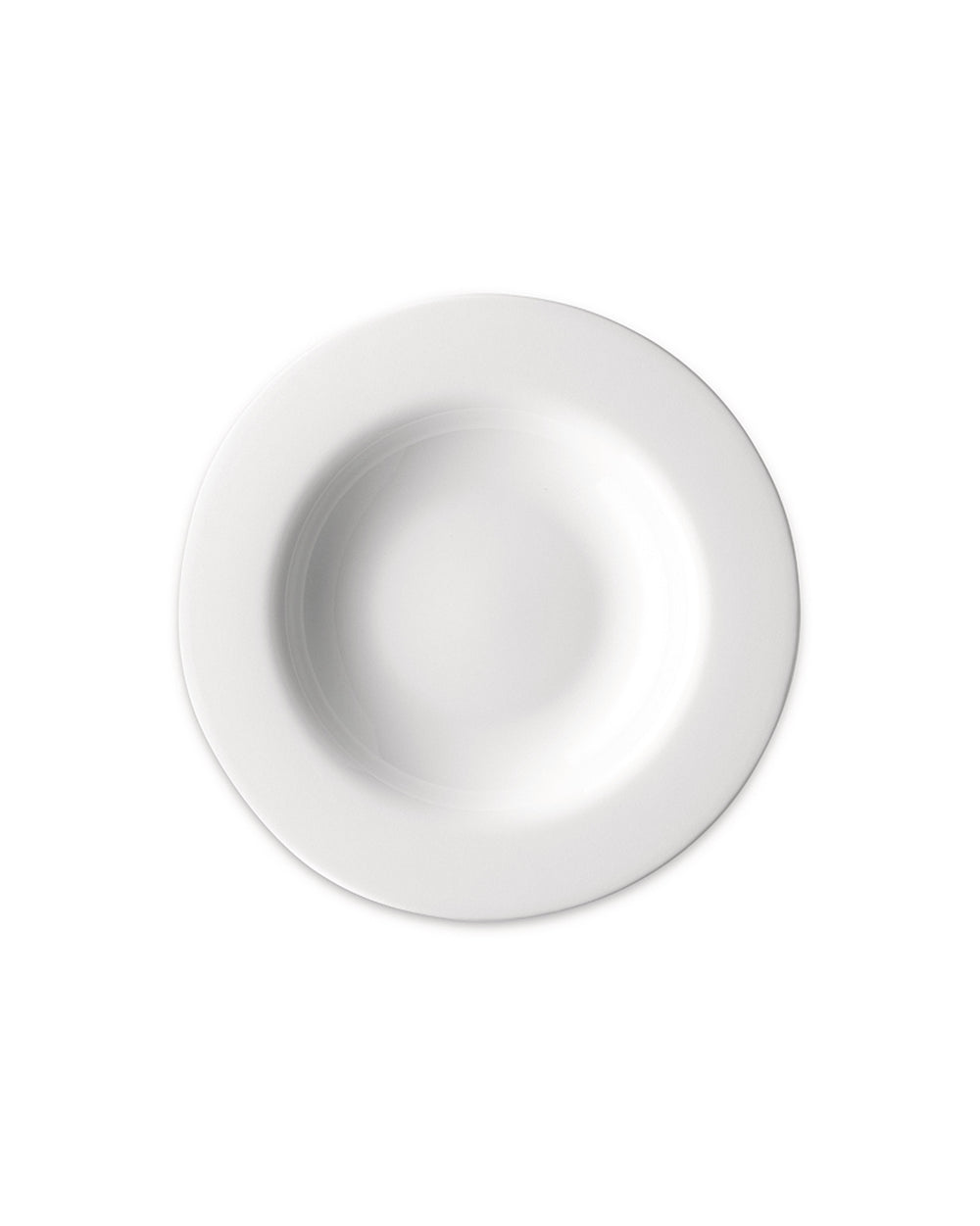 Deep white plate by Alessi with a wide rim and smooth, rounded center, viewed from above.