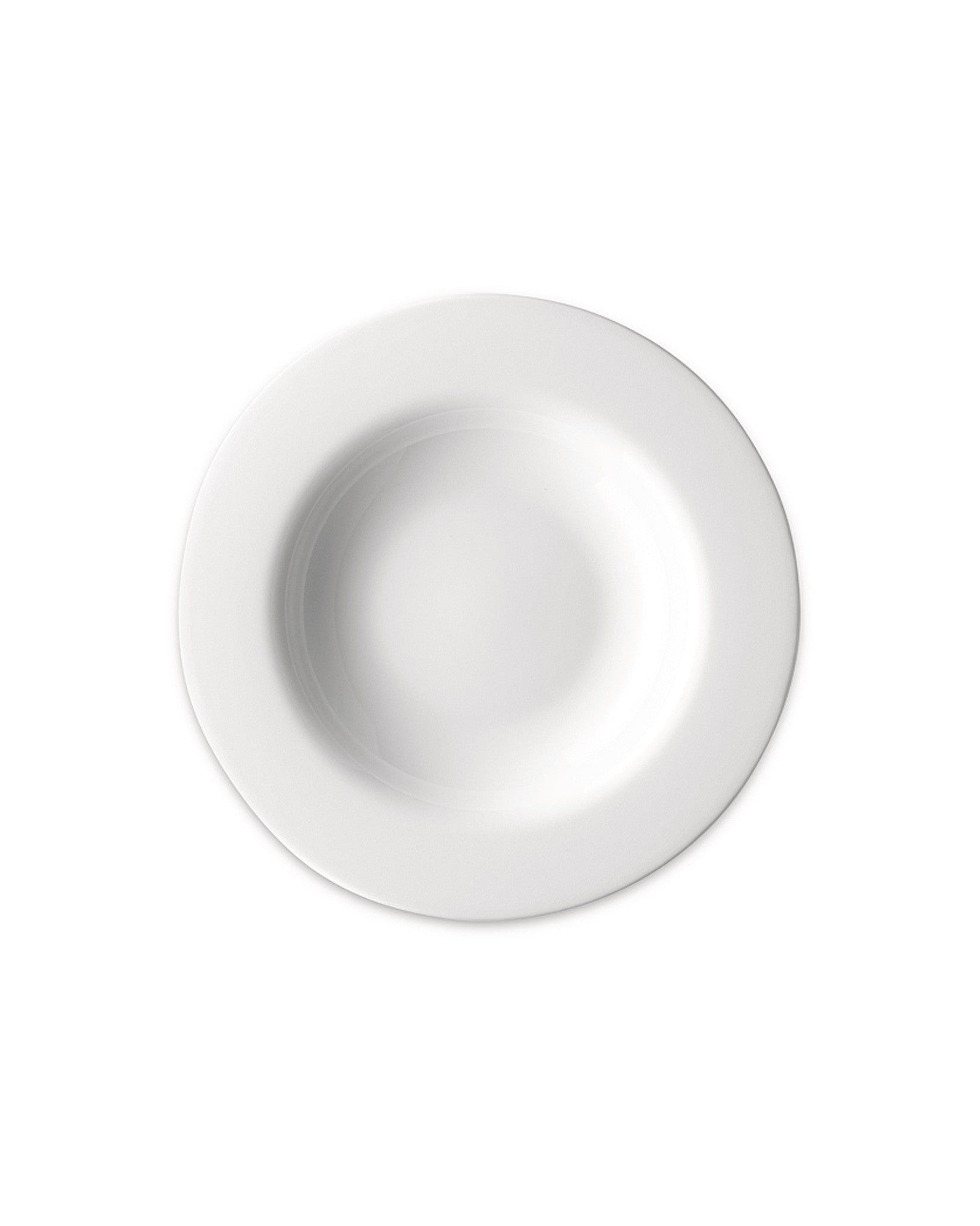 Deep white plate by Alessi with a wide rim and smooth, rounded center, viewed from above.