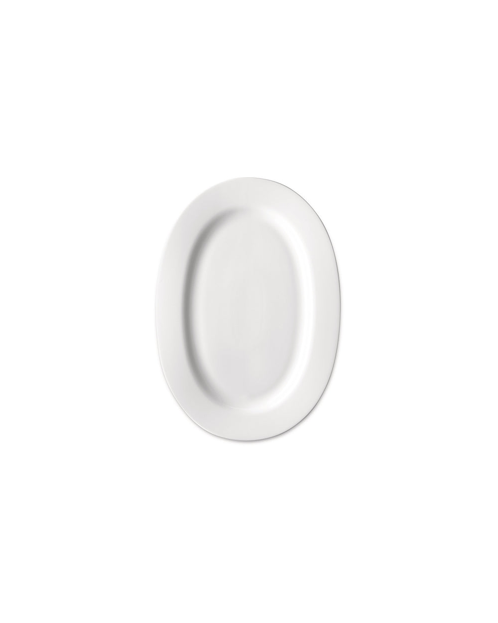 White oval plate by Alessi with a gently sloped rim and recessed serving area, top view.