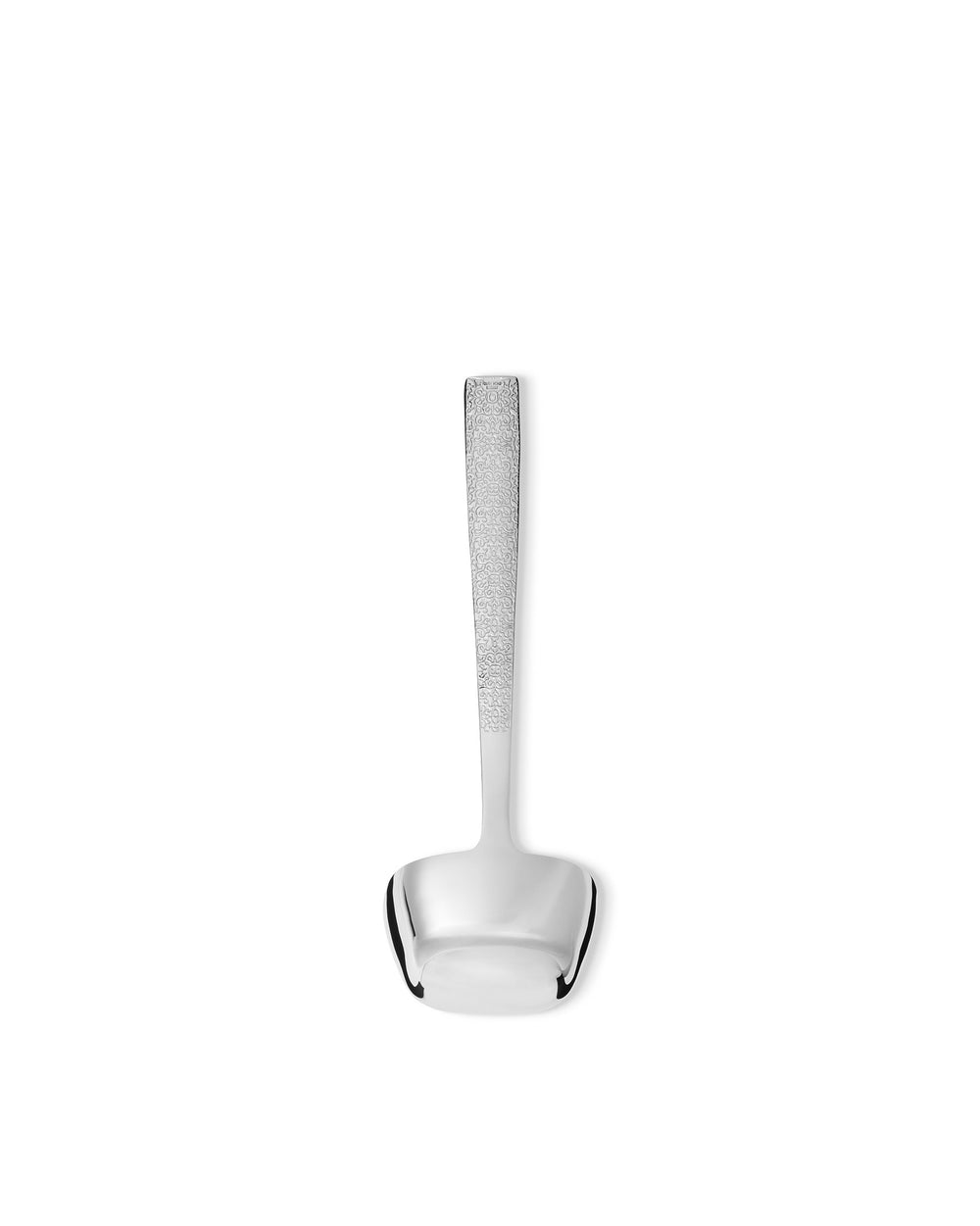 Dressed silver serving spoon by Alessi with an ornate etched handle and polished finish.