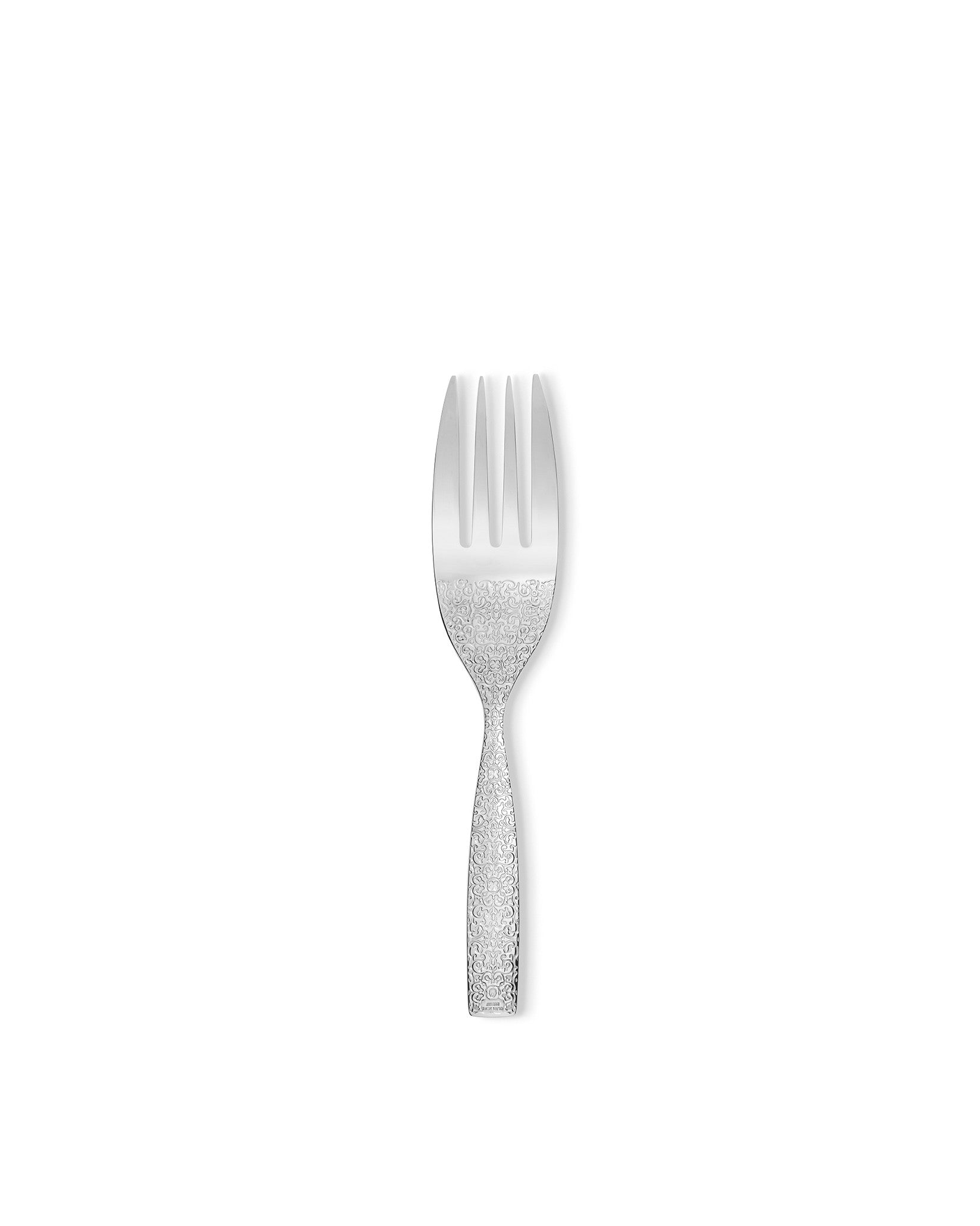 Silver four-tine fork by Alessi with an intricate scrollwork pattern on the handle and neck.