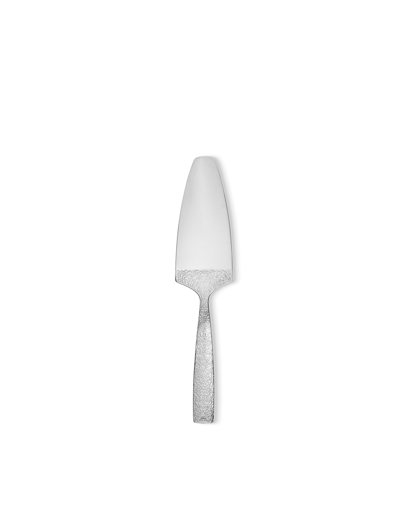 Silver-toned cake server by Alessi with an ornate swirling pattern on the handle and base of the blade.