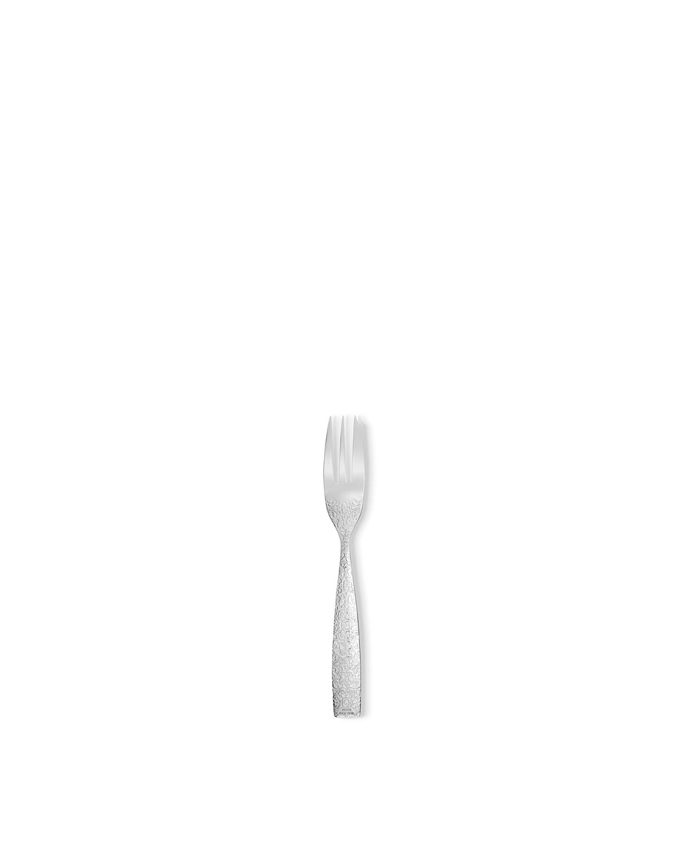 Silver metal fork by Alessi featuring an ornate patterned handle.