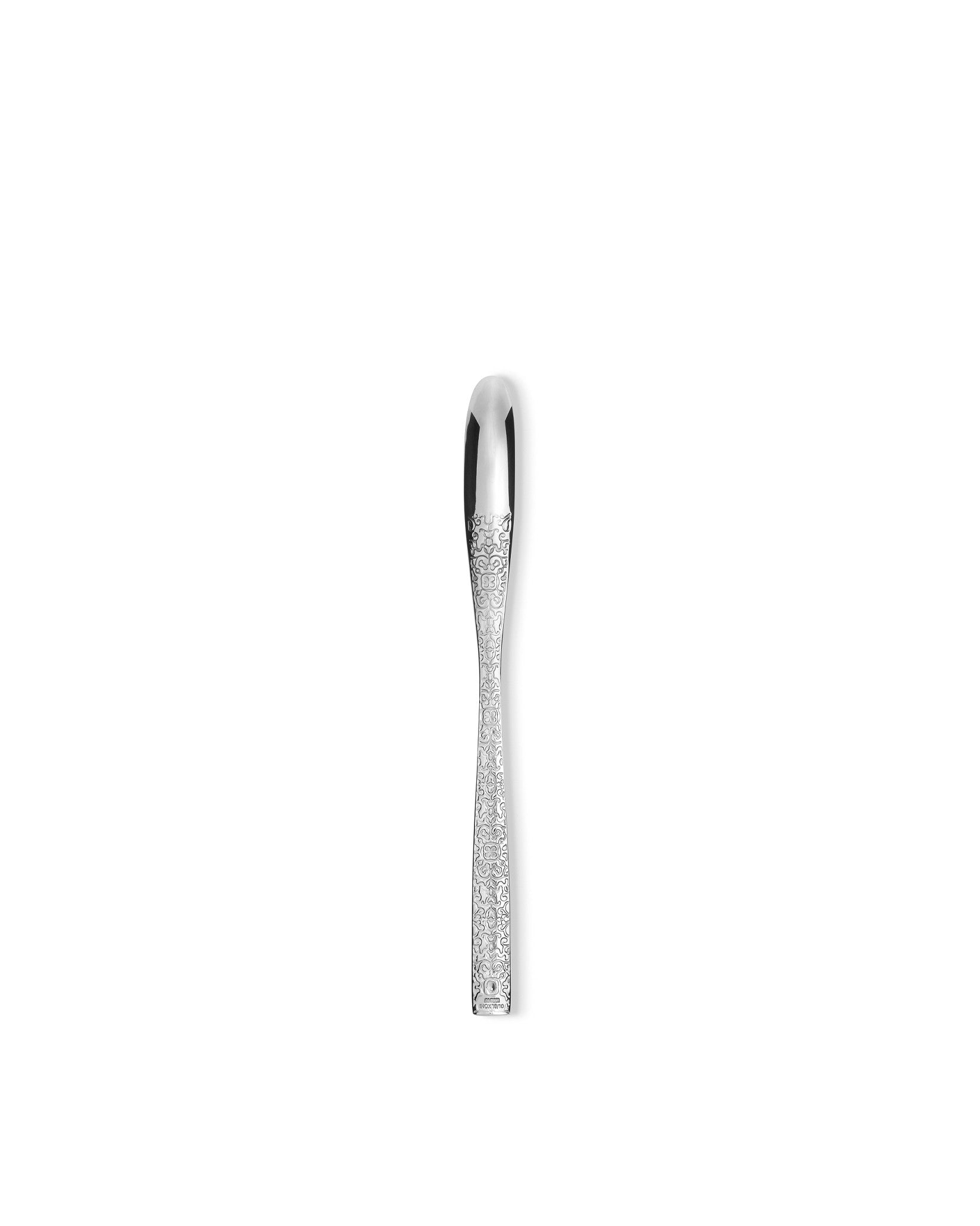 Silver-colored spoon by Alessi with an ornate engraved handle.