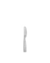 Silver knife by Alessi, with a serrated blade and intricate scrollwork on the handle, shown in a side view.