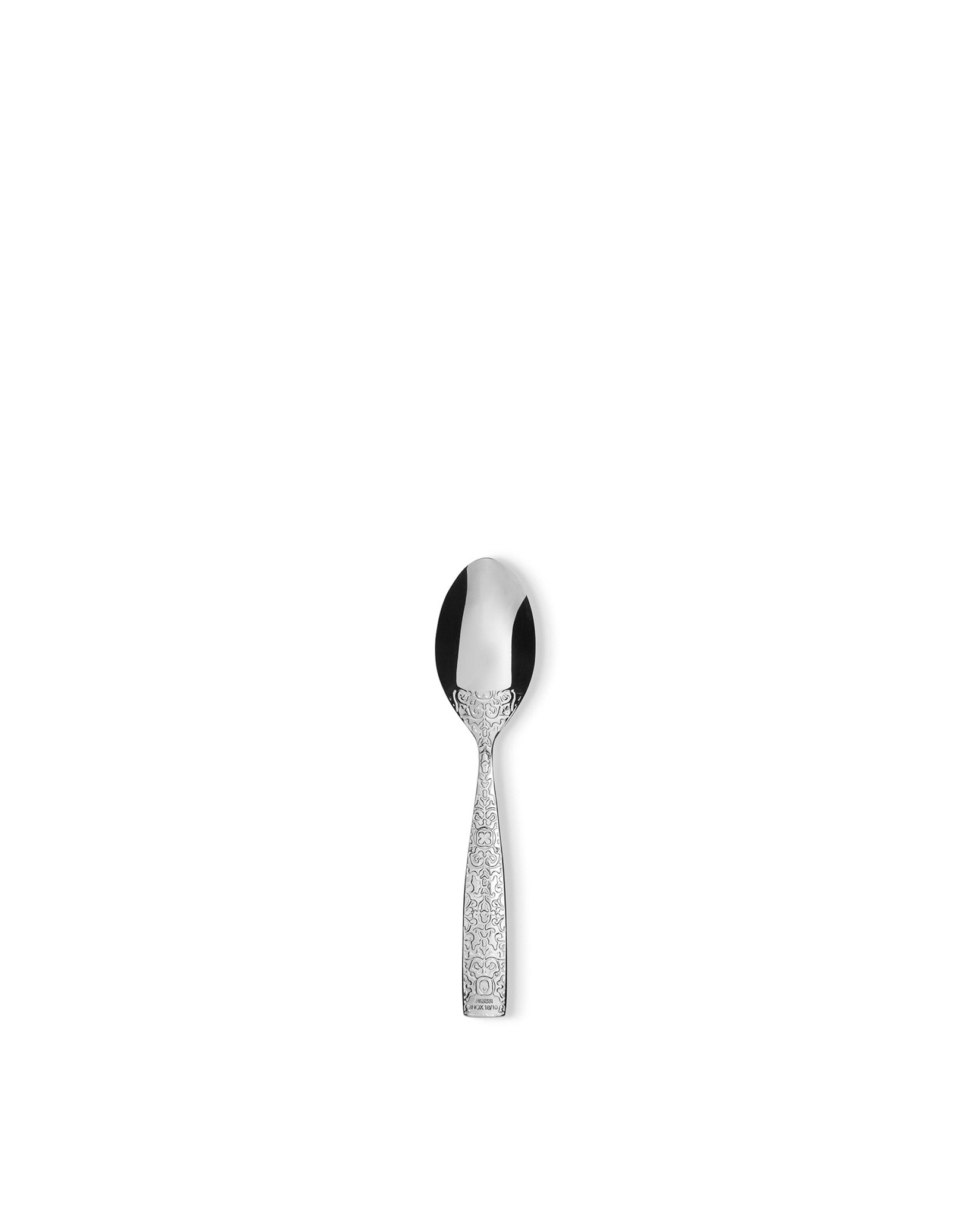 Silver-colored stainless steel spoon by Alessi with ornate engraved patterns on the handle and a reflective bowl.