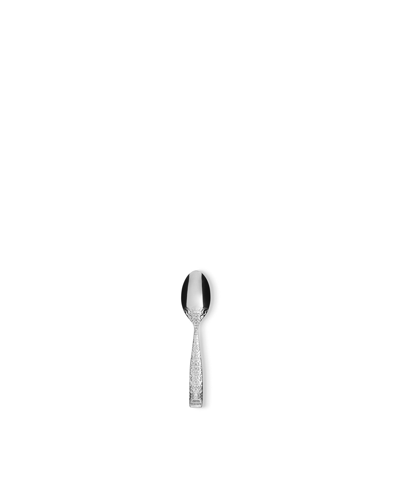 Polished stainless steel spoon by Alessi with an ornate pattern on its handle and bowl.