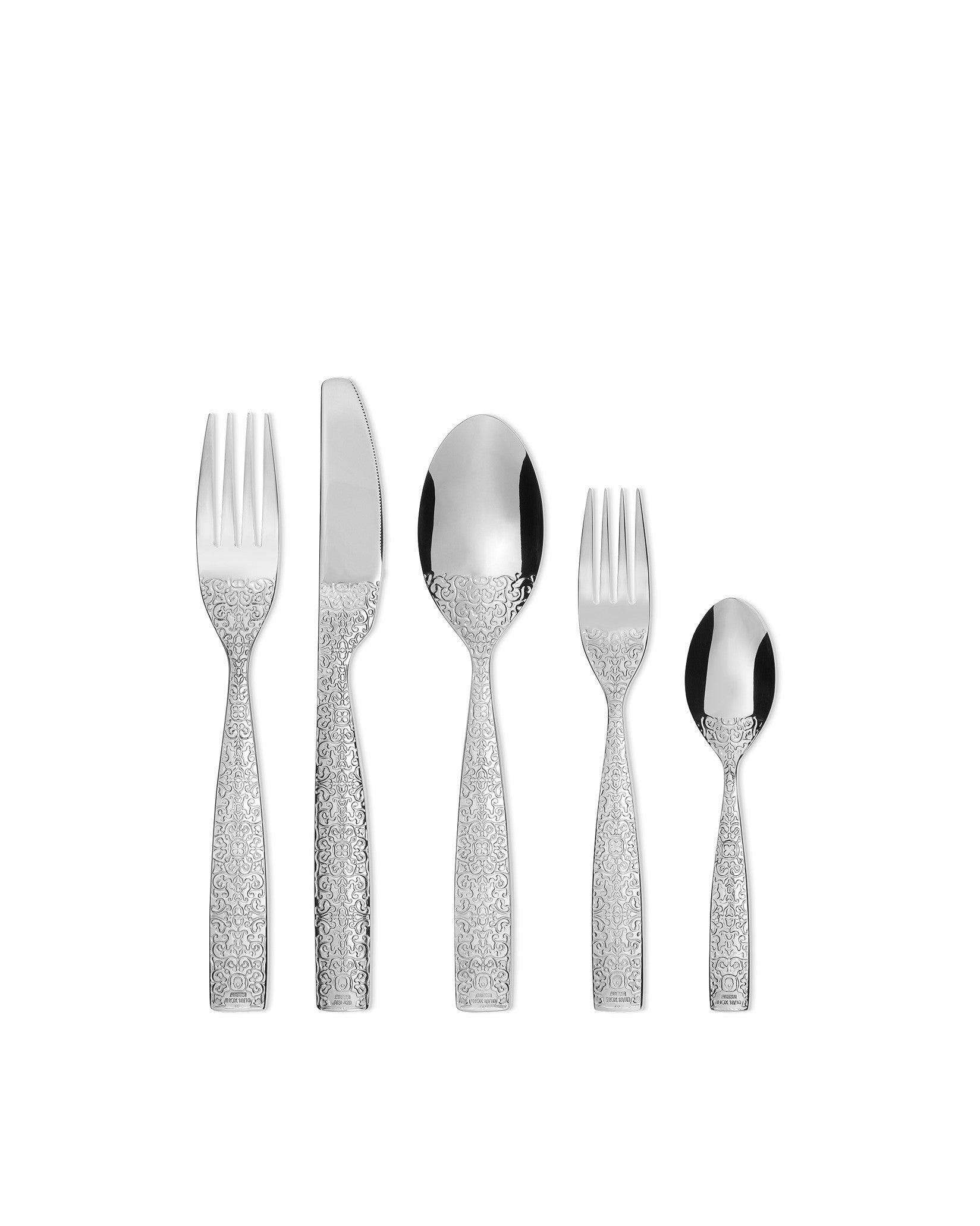 Silver stainless steel 5-piece cutlery set by Alessi, featuring an ornate embossed pattern on handles, standing upright.