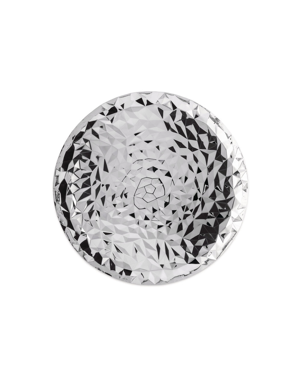 Silver decorative plate by Alessi, round with a highly faceted, geometric crumpled surface.