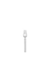 Silver three-tined fork by Alessi with a polished finish and minimalist handle, viewed vertically.