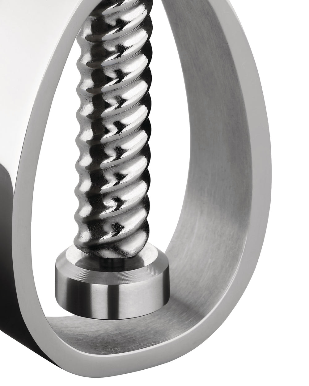 Silver metal nutcracker by Alessi, with a polished helical screw and brushed curved frame.