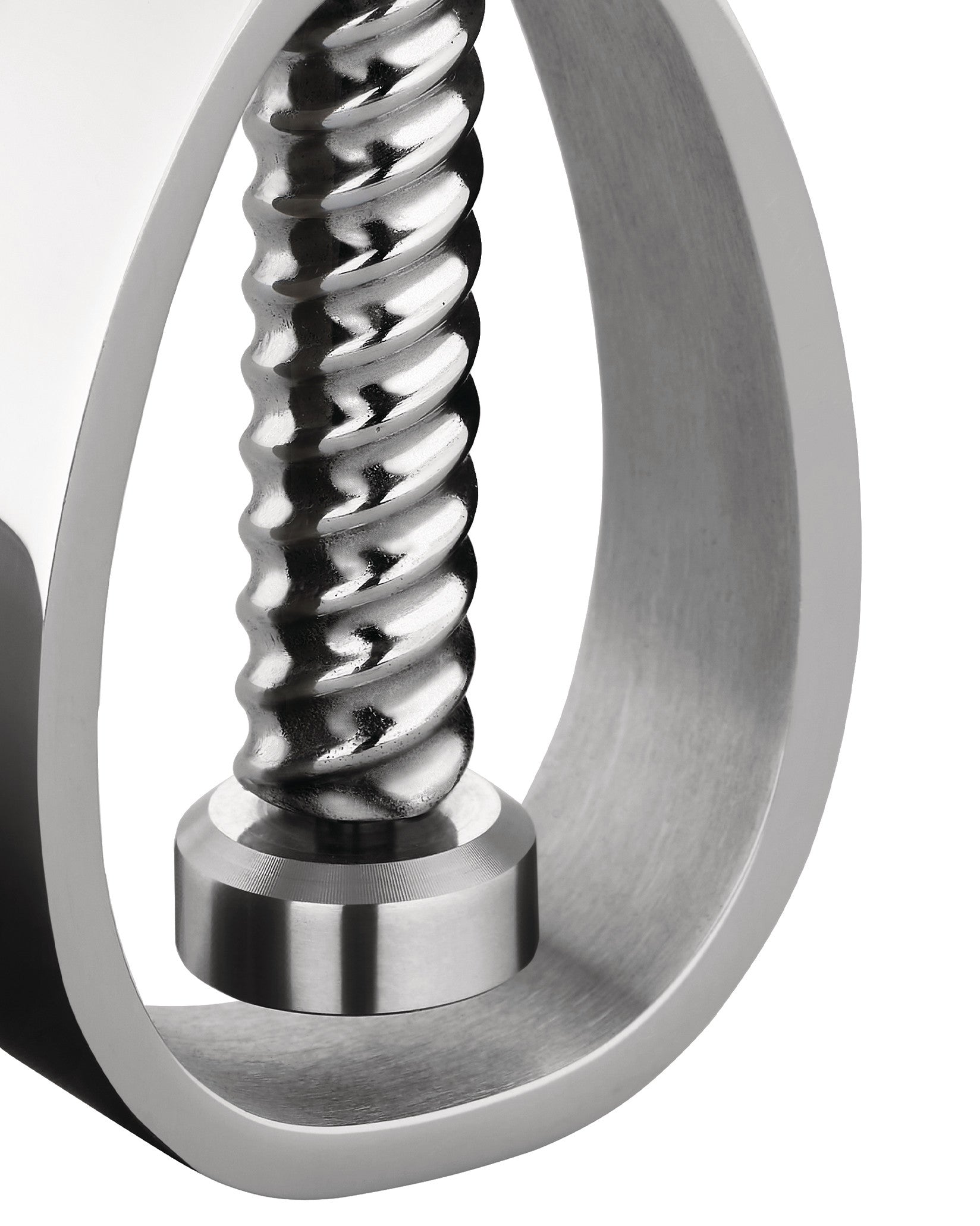 Silver metal nutcracker by Alessi, with a polished helical screw and brushed curved frame.