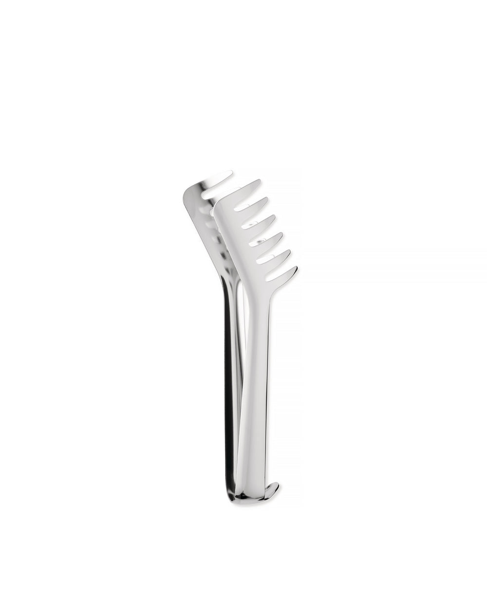 Polished stainless steel pasta tongs by Alessi, featuring wavy, comb-like prongs.