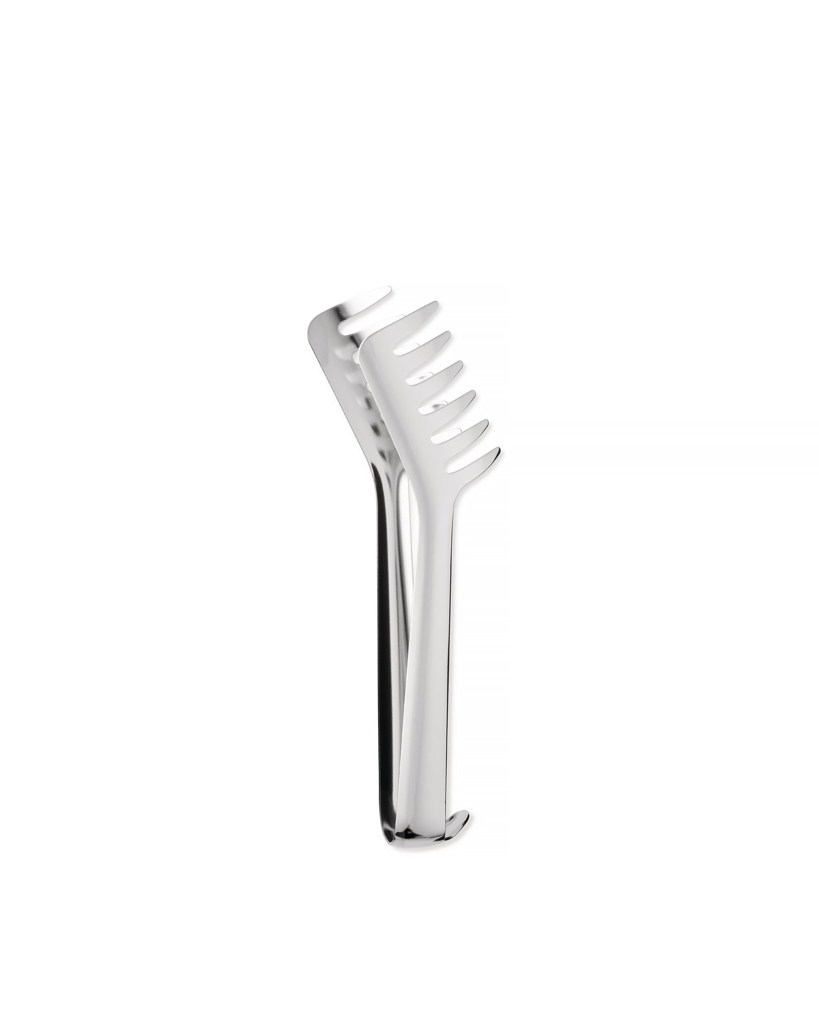 Polished stainless steel pasta tongs by Alessi, featuring wavy, comb-like prongs.