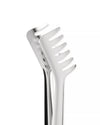 Stainless steel pasta tongs by Alessi, featuring one arm with a hammered texture, shown slightly open.