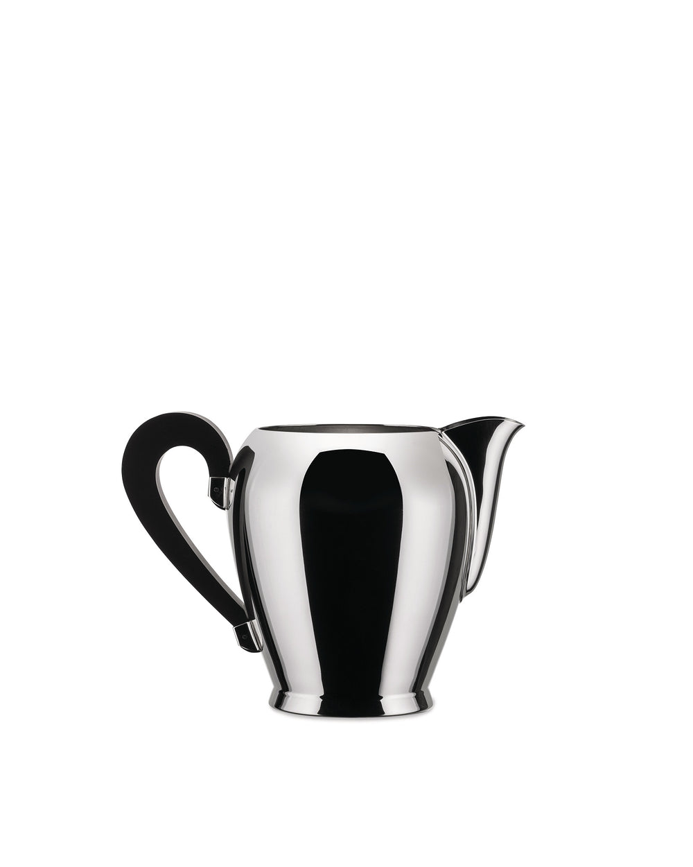 Bombé creamer by Alessi, polished silver with a sleek black handle and pouring spout.