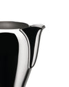 Chrome pitcher by Alessi with a sleek curved handle and elegant spout, cropped close-up.