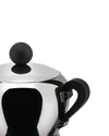 Polished stainless steel Bombé-style pot by Alessi, with a black spherical lid knob and curved handle.