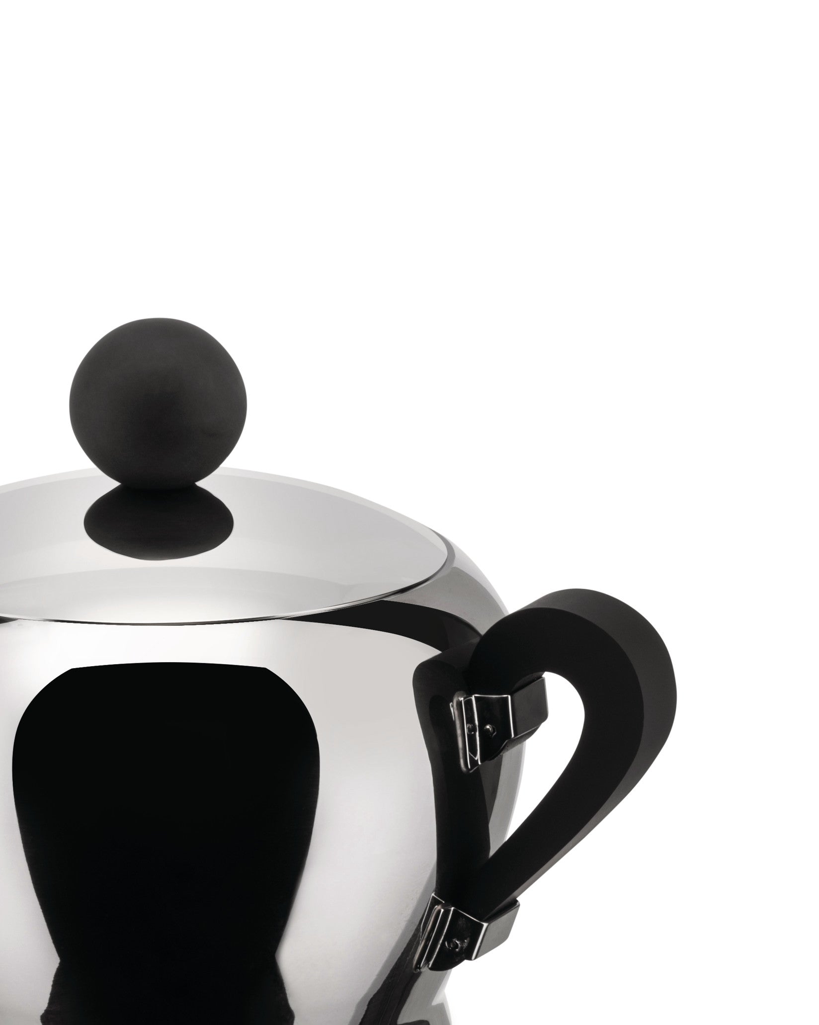 Polished stainless steel Bombé-style pot by Alessi, with a black spherical lid knob and curved handle.