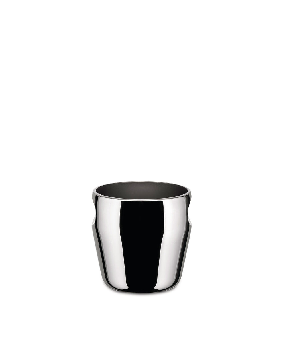 Polished steel container by Alessi, with wavy sides, a reflective surface, and a dark interior.