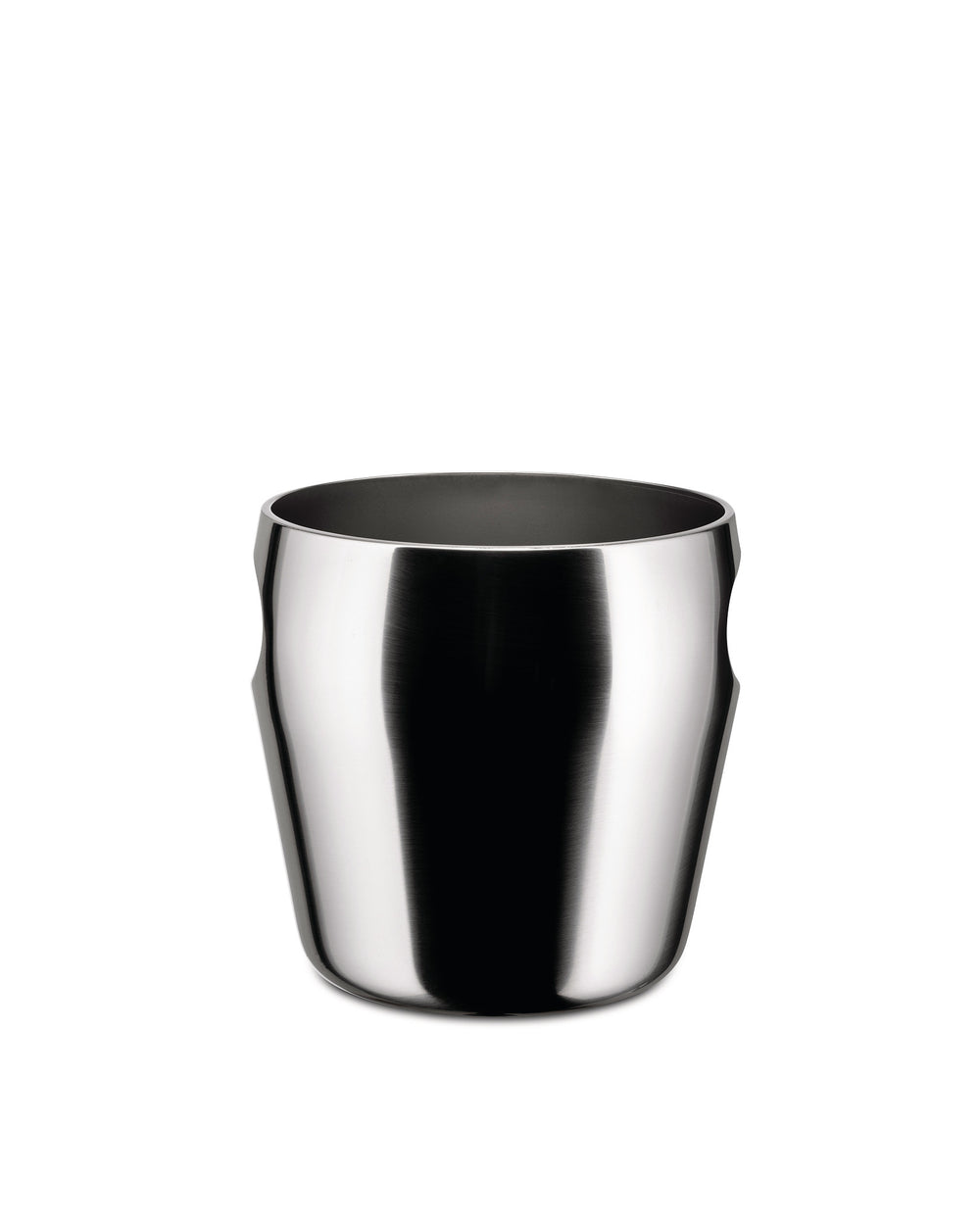 Modern brushed stainless steel vessel by Alessi, with a polished rim and two concave side indentations.