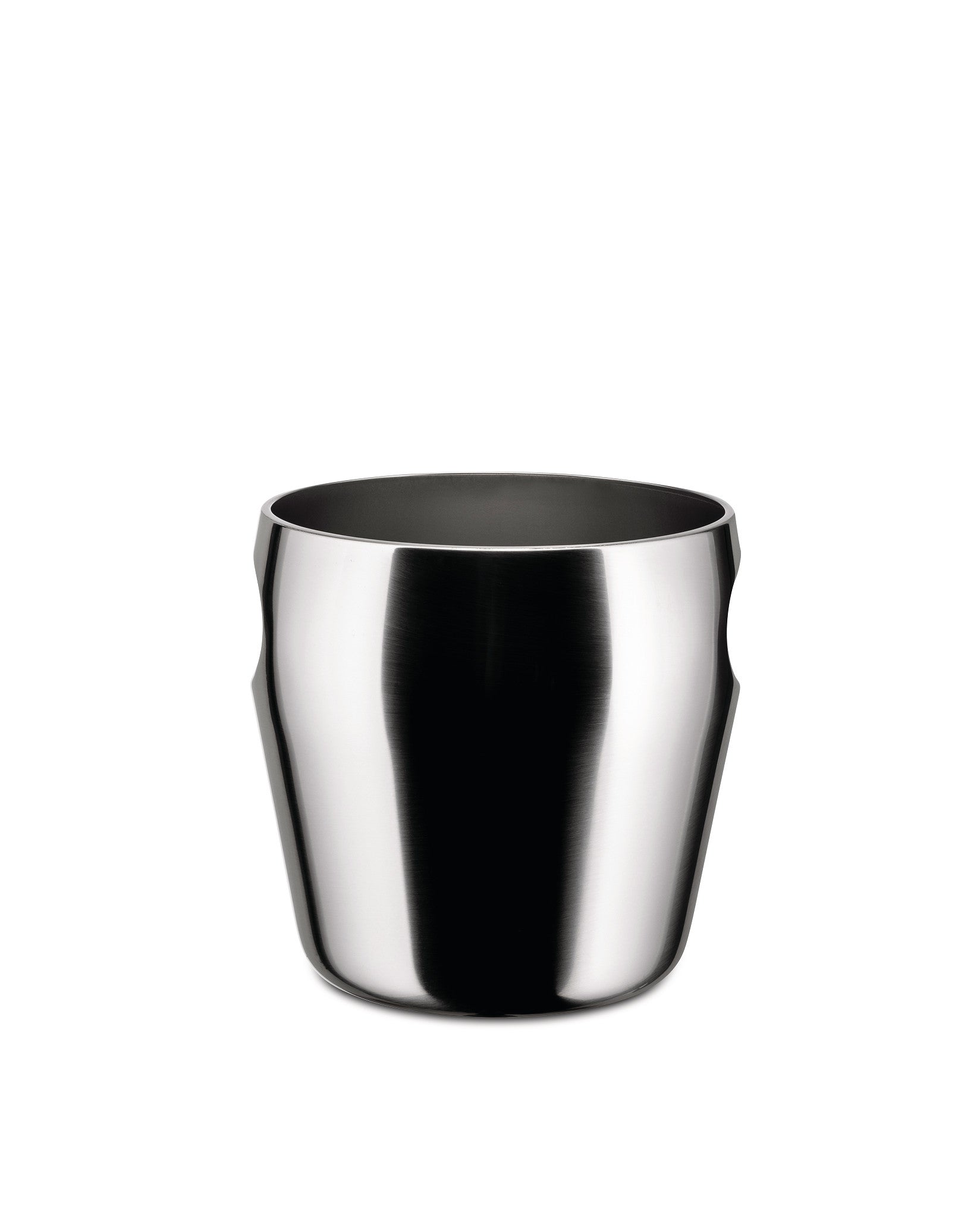 Modern brushed stainless steel vessel by Alessi, with a polished rim and two concave side indentations.