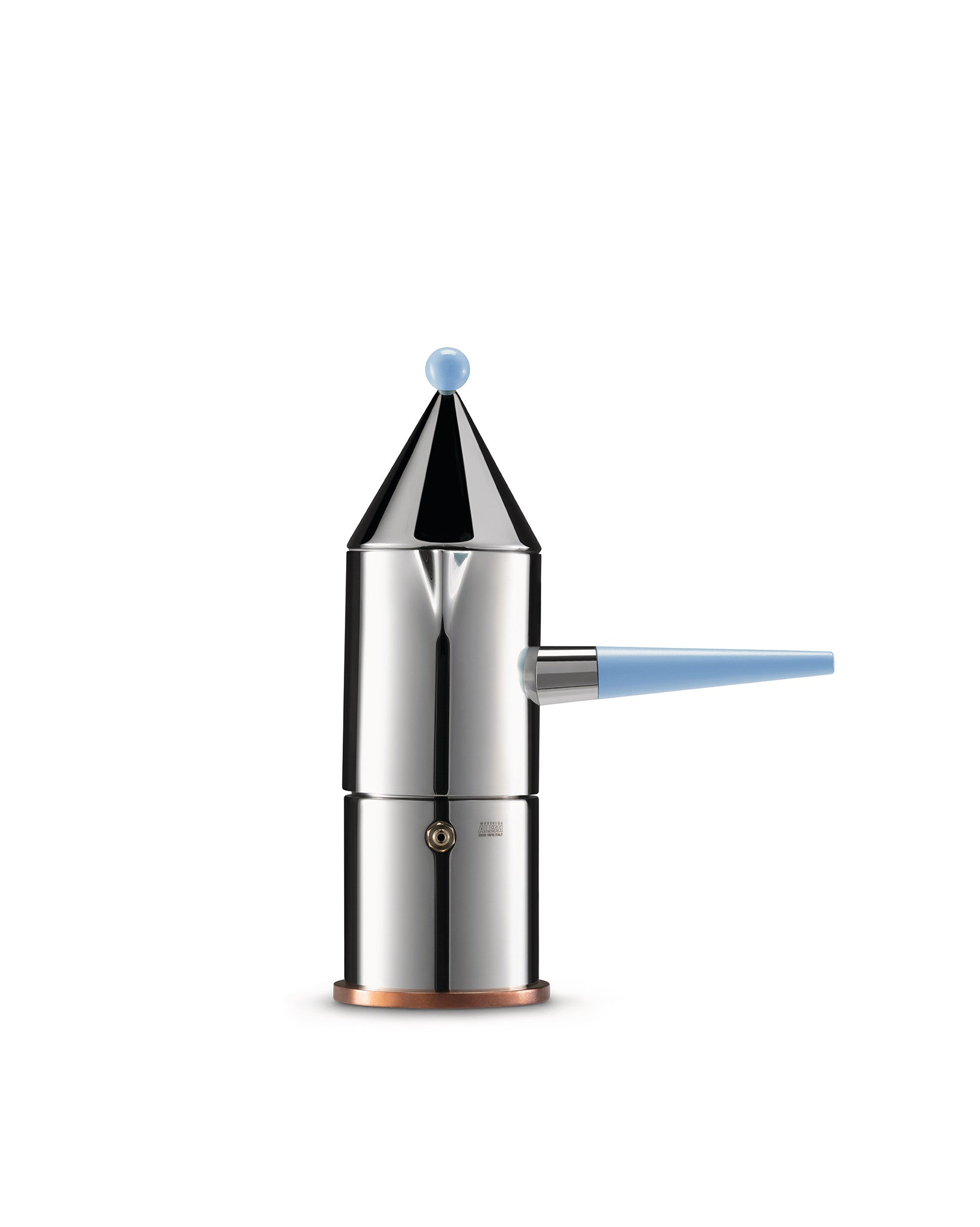 Silver conical moka pot by Alessi with a light blue handle, matching ball finial, and copper base.