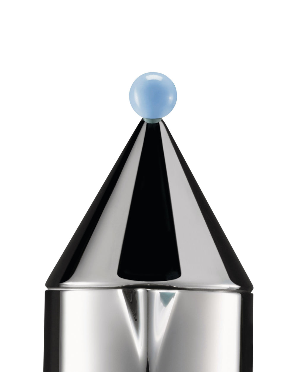 Silver conical espresso maker by Alessi with black and white reflective stripes and a light blue spherical knob.