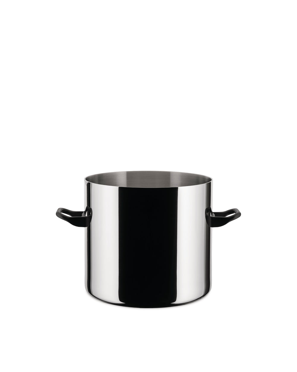 Polished stainless steel cooking pot by Alessi with black loop-shaped handles.
