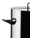 Stainless steel pot by Alessi with reflective surface and black ergonomic side and lid handles, shown cropped.