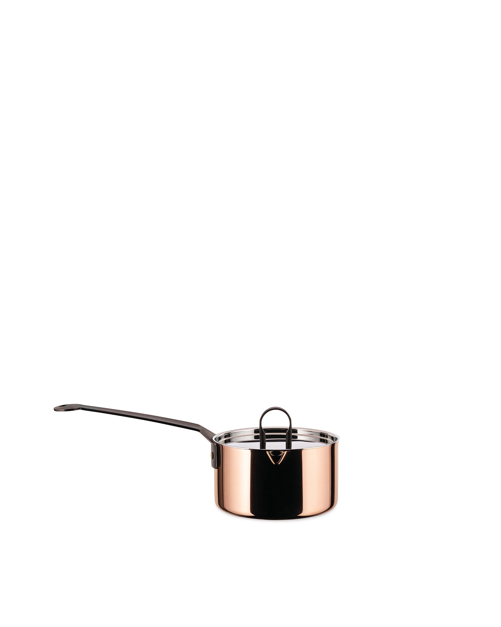 Shiny copper casserole by Alessi with a dark handle and a silver metal lid with a loop handle.