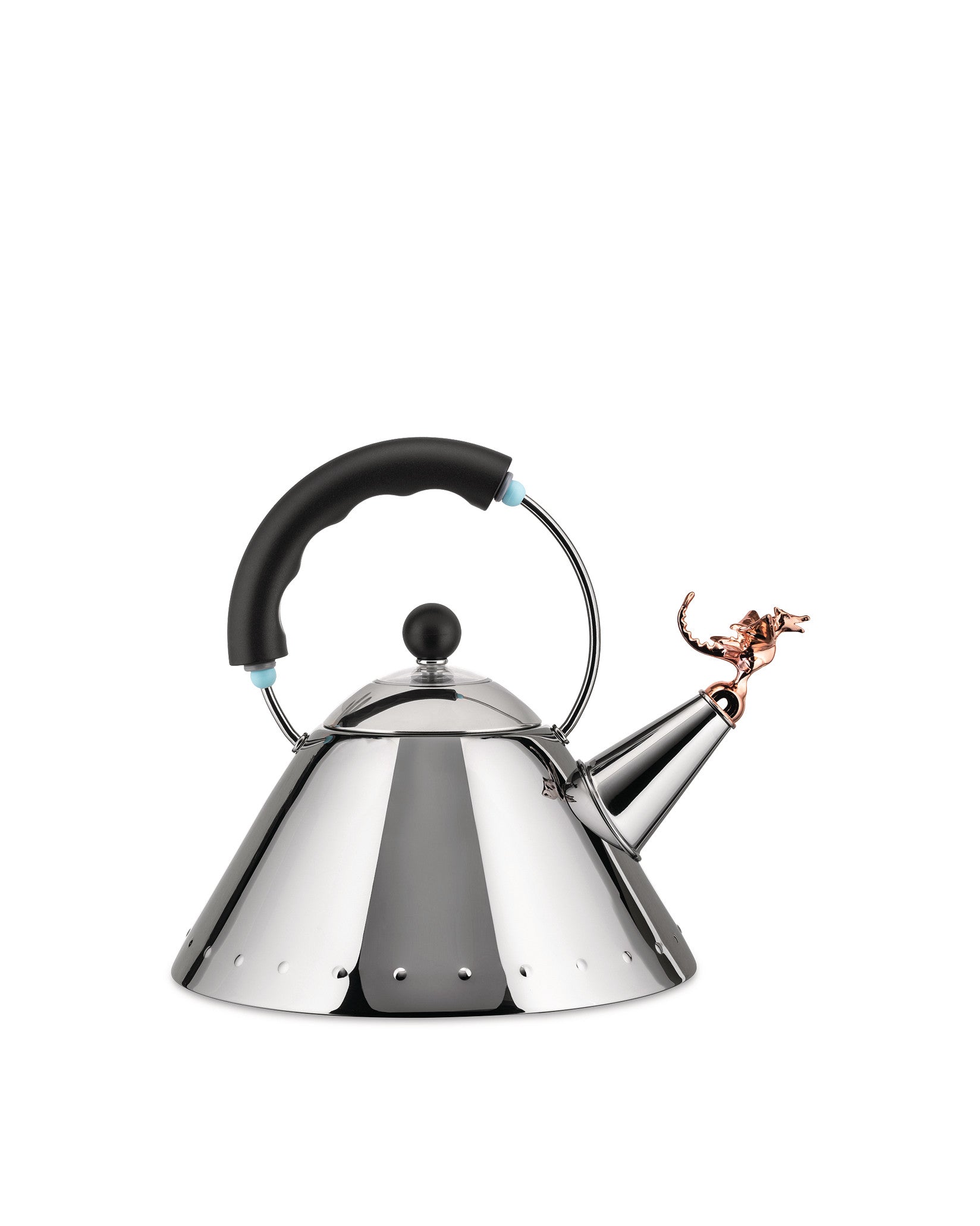 Polished stainless steel kettle by Alessi with a black handle and a rose gold dragon whistle on the spout.