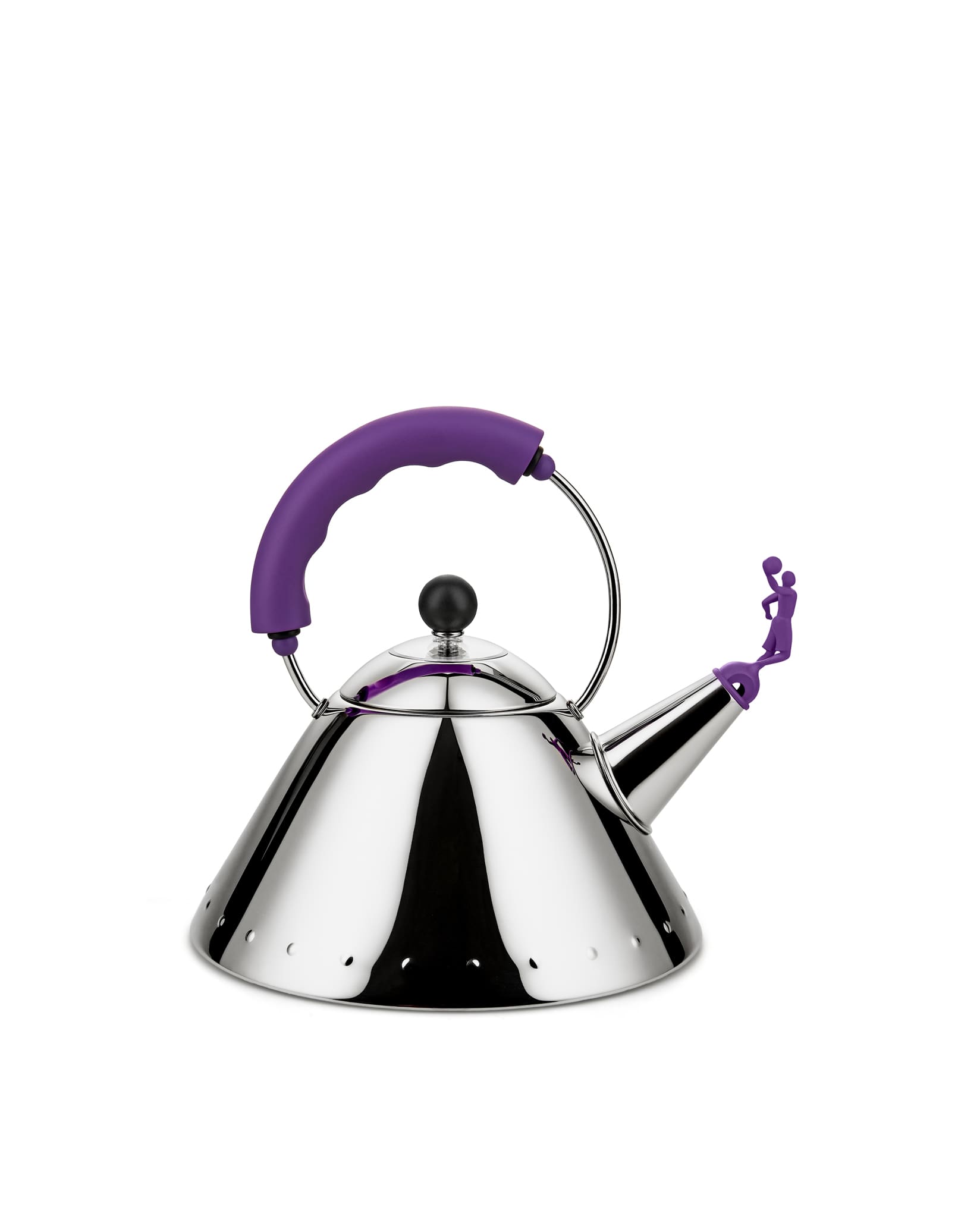 Chrome conical kettle by Alessi with purple handle and a basketball player shaped whistle.
