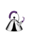 Chrome whistling kettle by Alessi with a purple handle and a basketball player whistle.