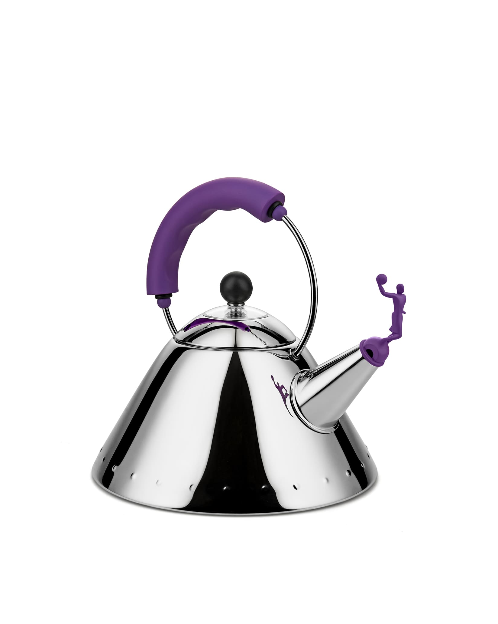 Chrome whistling kettle by Alessi with a purple handle and a basketball player whistle.